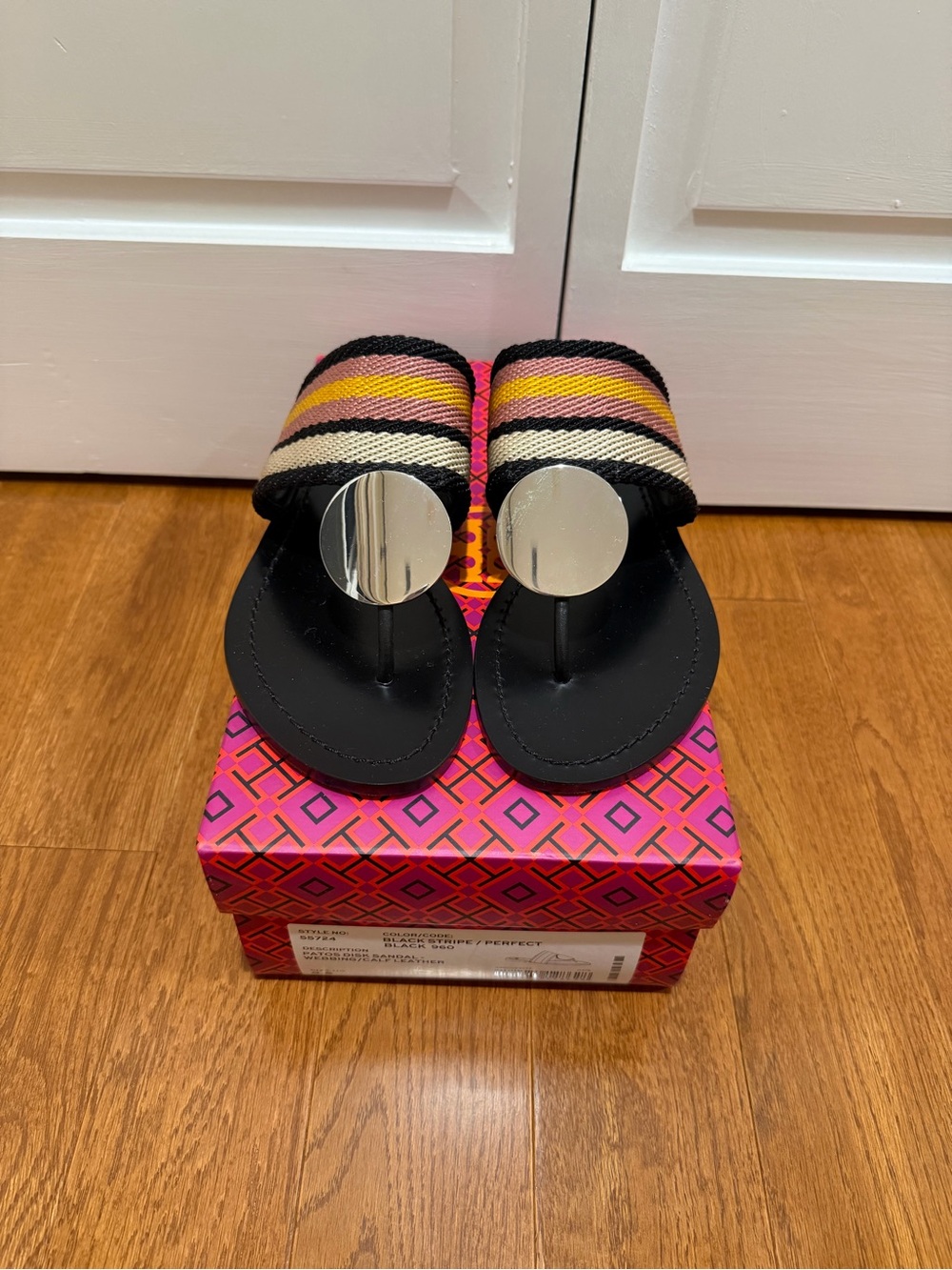 Woven Stripe Black Thong Sandals with Metallic Disc